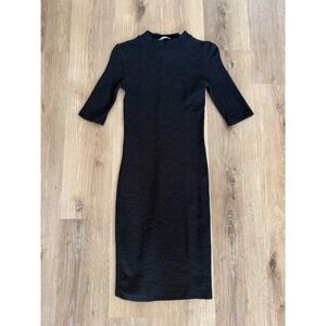 Zara Ribbed Mock Neck Bodycon Midi Dress Women Size S Black LBD Minimalist